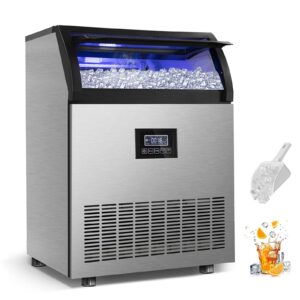 commercial ice maker, 250lbs/24h under counter ice machine with 77lbs storage bin, 90 ice cubes in 11min, stainless steel freestanding ice making machine for business, water filter and scoop included