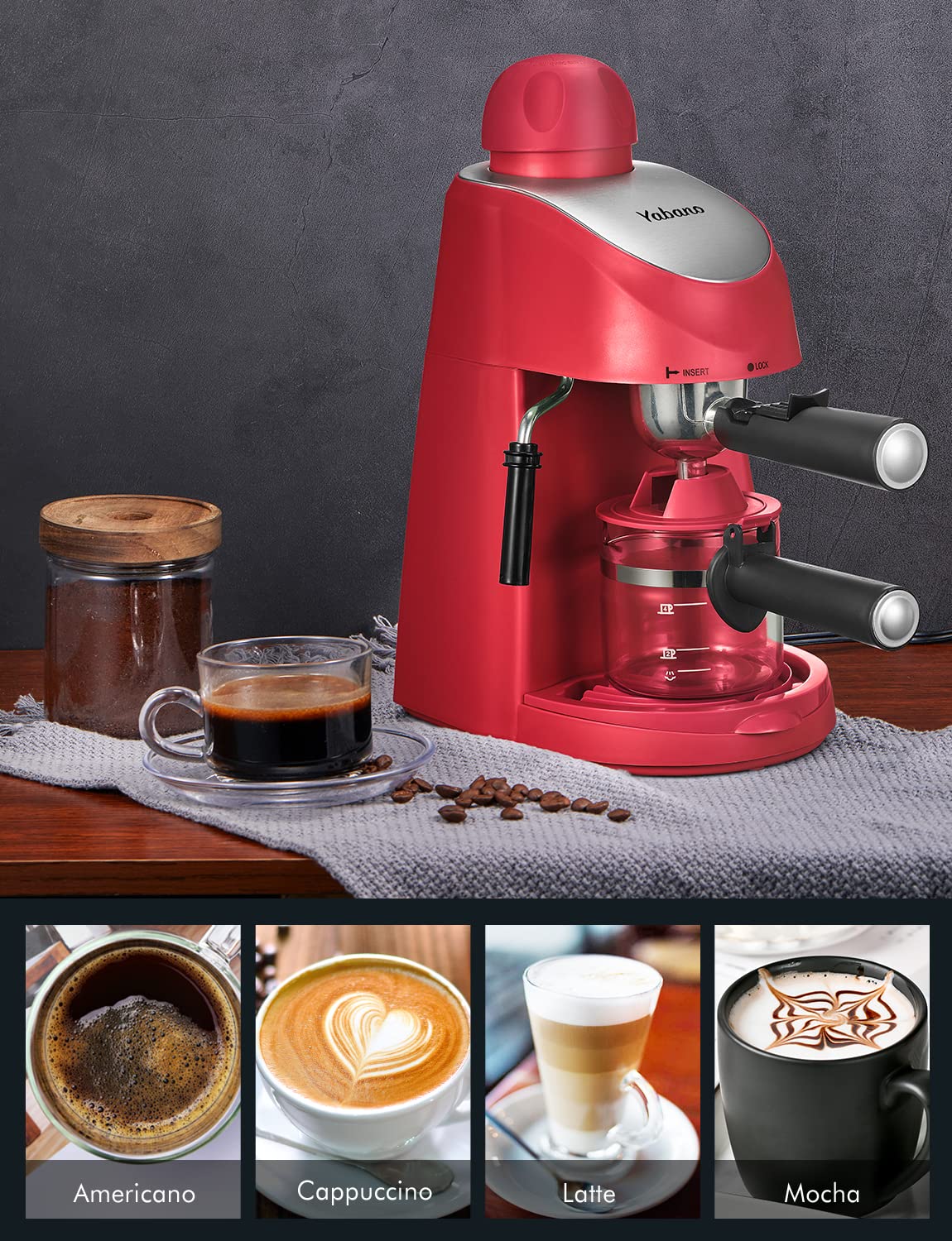 Yabano Espresso Machine, 3.5Bar Espresso Coffee Maker, Espresso and Cappuccino Machine with Milk Frother, Espresso Maker with Steamer (Red)