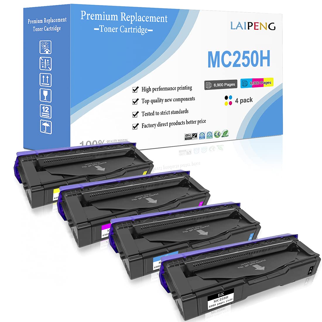 LAIPENG 4 Colors Compatible Toner Cartridge M C250 P C300 P C301 C250H C300W for Ricoh M C250FWB P C301W Printers, High Capacity 6,900 for Black & 6,300 Pages for Cyan Magenta Yellow