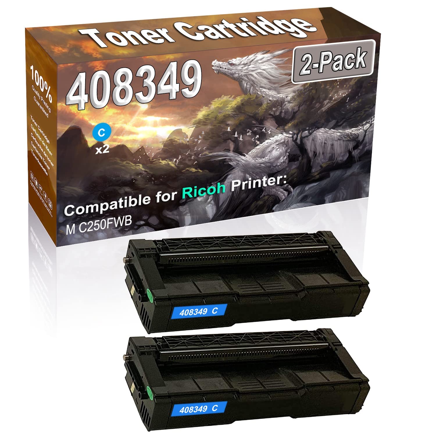 2-Pack Compatible High Capacity M C250 (408349) Imaging Toner Cartridge Used for Ricoh M C250FWB Printer (Cyan)