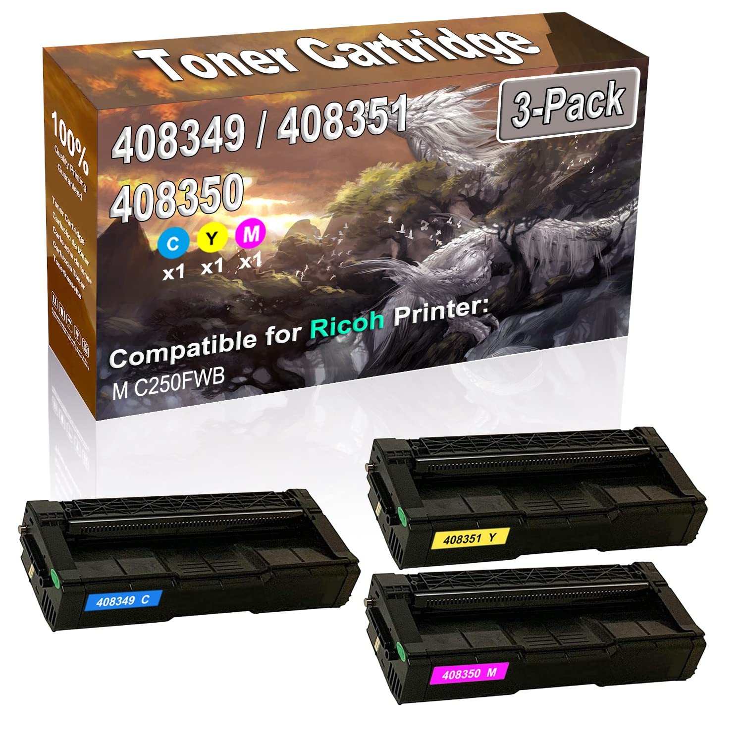 3-Pack (C/Y/M) Compatible High Capacity M C250 (408349 408351 408350) Imaging Toner Cartridge Used for Ricoh M C250FWB Printer