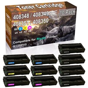 10-pack (4bk/2c/2y/2m) compatible high capacity m c250 (408348 408349 408351 408350) imaging toner cartridge used for ricoh m c250fwb printer