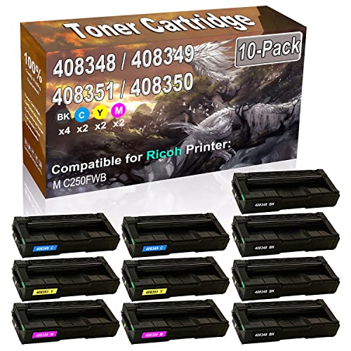 10-Pack (4BK/2C/2Y/2M) Compatible High Yield M C250 (408348 408349 408351 408350) Printer Toner Cartridge use for Ricoh M C250FWB Printers