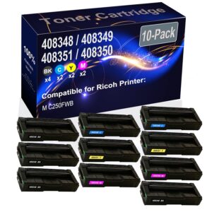 Kolasels 10-Pack (4BK+2C+2Y+2M) Compatible High Yield M C250 (408348 408349 408351 408350) Printer Toner Cartridge use for Ricoh M C250FWB Printers