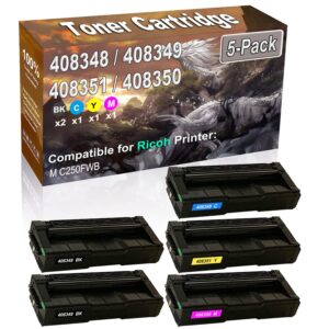 5-pack (2bk/c/y/m) compatible m c250fwb color toner cartridge (high capacity) replacement for ricoh m c250 (408348 408349 408351 408350) printer toner cartridge