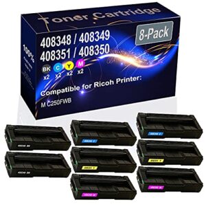 kolasels 8-pack (2bk+2c+2y+2m) compatible m c250fwb laser printer toner cartridge (high capacity) replacement for ricoh m c250 (408348 408349 408351 408350) printer toner cartridge