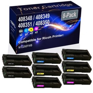 kolasels 8-pack (2bk+2c+2y+2m) compatible high yield m c250 (408348 408349 408351 408350) printer toner cartridge use for ricoh m c250fwb printers