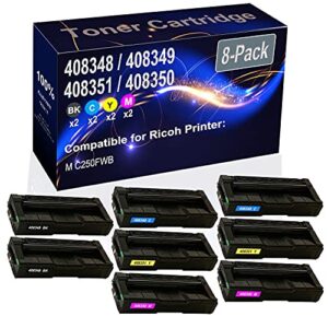 kolasels 8-pack (2bk+2c+2y+2m) compatible m c250fwb laser toner cartridge (high capacity) replacement for ricoh m c250 (408348 408349 408351 408350) printer toner cartridge