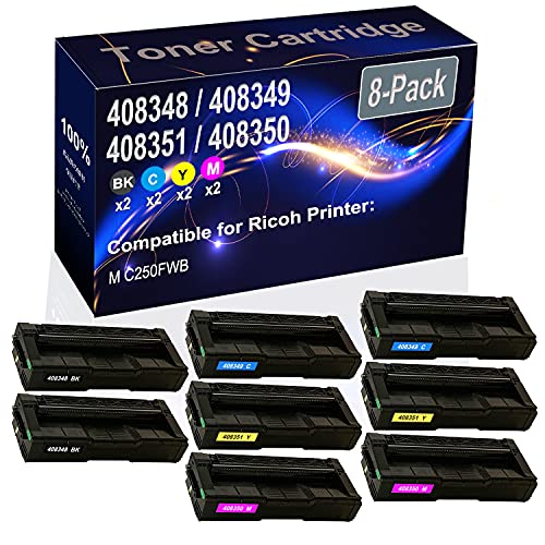 Kolasels 8-Pack (2BK+2C+2Y+2M) Compatible M C250FWB Laser Toner Cartridge (High Capacity) Replacement for Ricoh M C250 (408348 408349 408351 408350) Printer Toner Cartridge