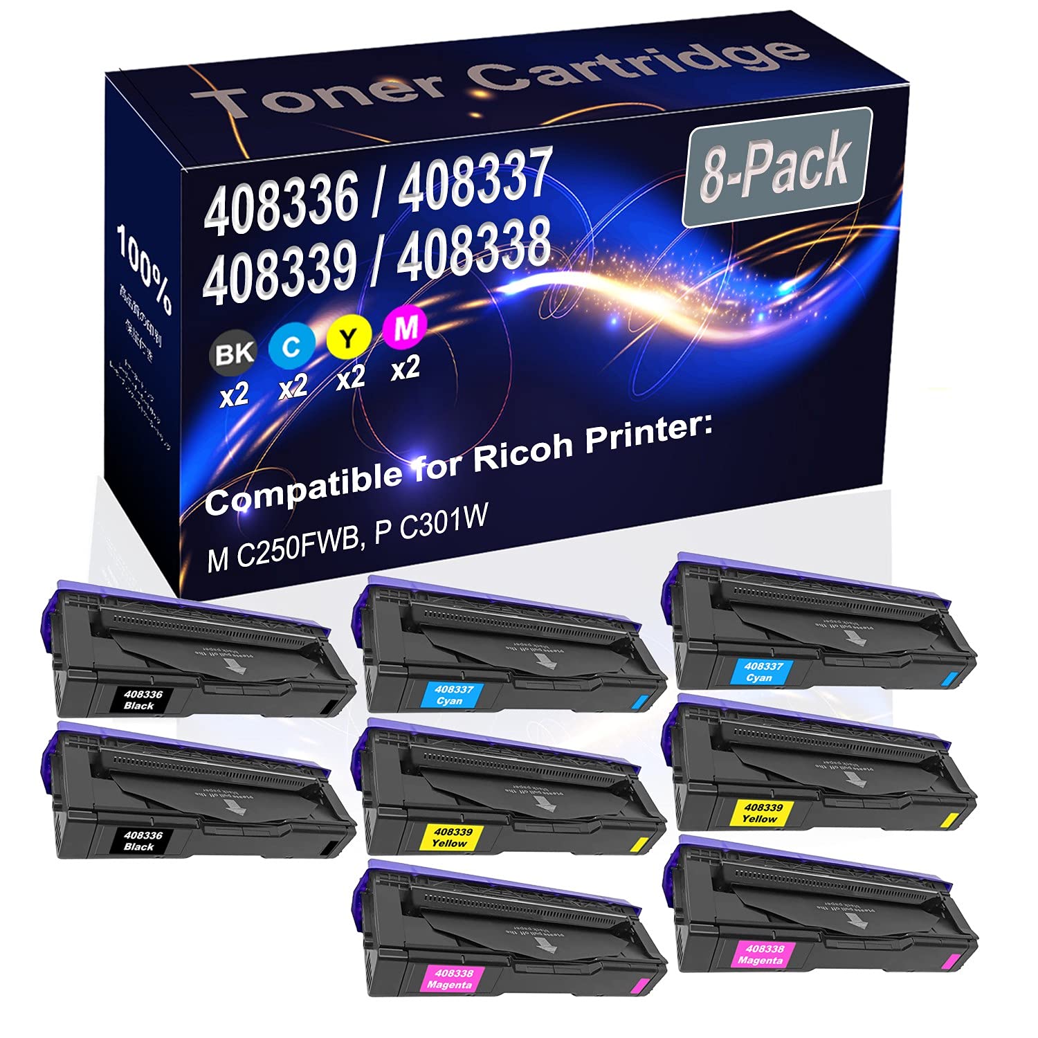 Kolasels 8-Pack (2BK+2C+2Y+2M) Compatible High Yield 408336 408337 408339 408338 Printer Toner Cartridge use for Ricoh M C250FWB, P C301W Printers