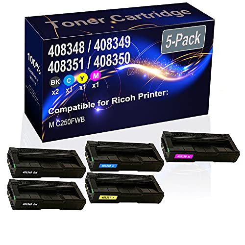 Kolasels 5-Pack (2BK+C+Y+M) Compatible M C250FWB Laser Printer Toner Cartridge (High Capacity) Replacement for Ricoh M C250 (408348 408349 408351 408350) Printer Toner Cartridge