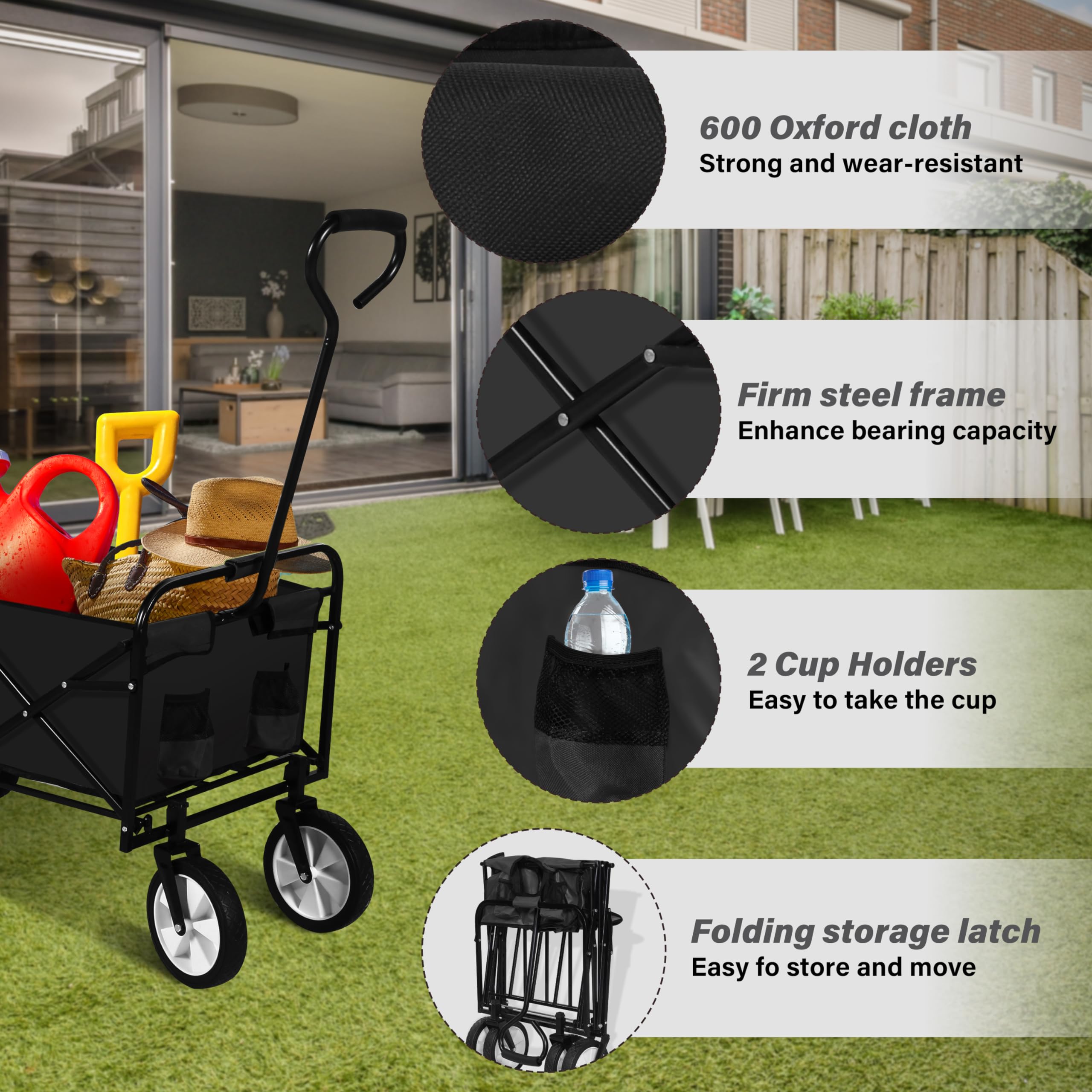 YSSOA Folding Garden Cart PRO, Collapsible Handy Wagon with 360 Degree Swivel Wheels & Adjustable Handle,220lbs Weight Capacity,Black