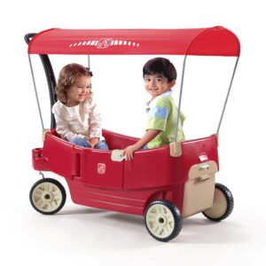 step2 all around canopy wagon for kids, spacious outdoor wagon with seats, safety belts, and adjustable canopy, ages 1.5-5 years old, red