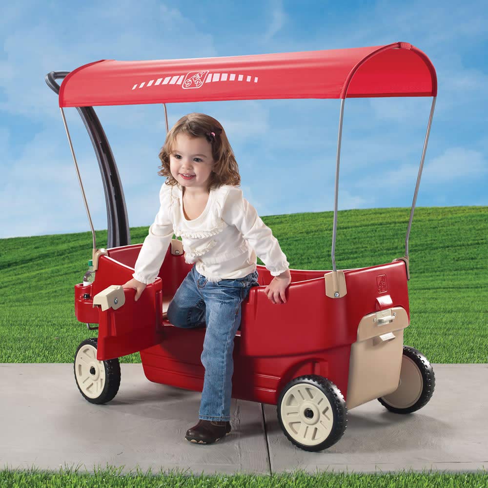 Step2 All Around Canopy Wagon for Kids, Spacious Outdoor Wagon with Seats, Safety Belts, and Adjustable Canopy, Ages 1.5-5 Years Old, Red