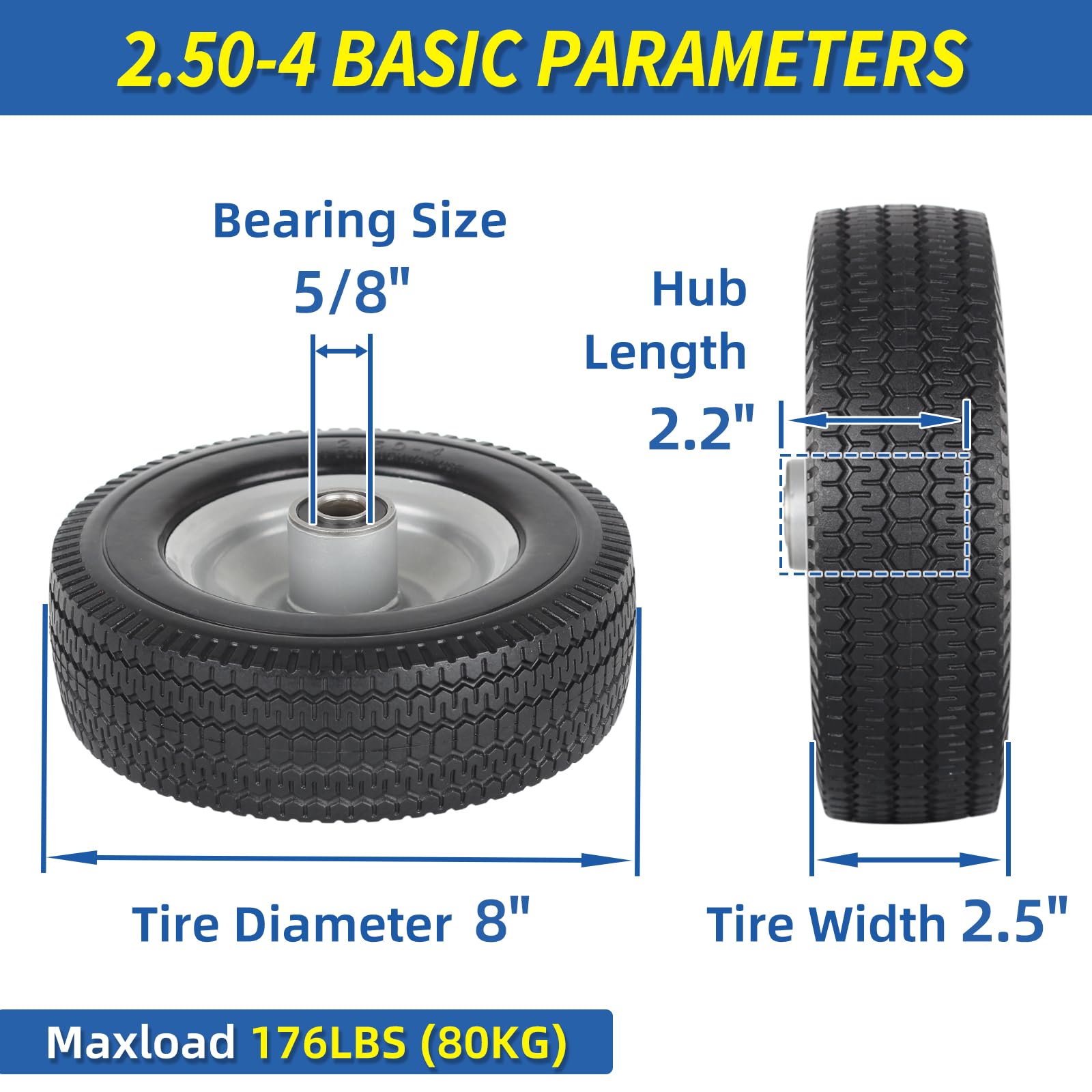 GICOOL 8-Inch Flat-free Tire, 2.50-4 Solid Tire and Wheel, 5/8" Bearings, 2.2" Offset Hub for Hand Truck Garden Wagon Trolley Dolly Replacement, 2 Pack