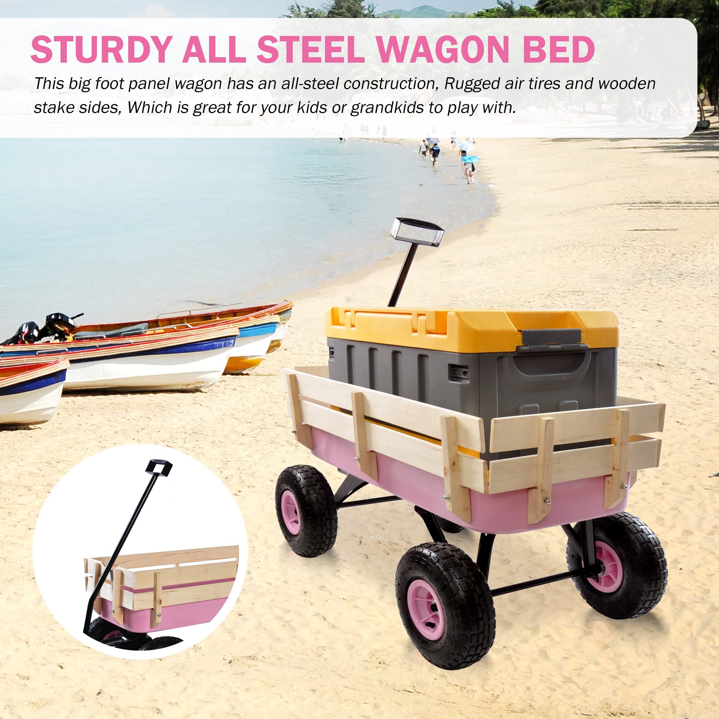 Sanch Ancha Heavy Duty Steel Wooden Side Support Cargo Wagon with 10” All-Terrain Air Tires, Up to 176lb Haul Capacity, Effortless Foldable Handle Cart for Towing Kids Toys, Gardening Supplies (Pink)