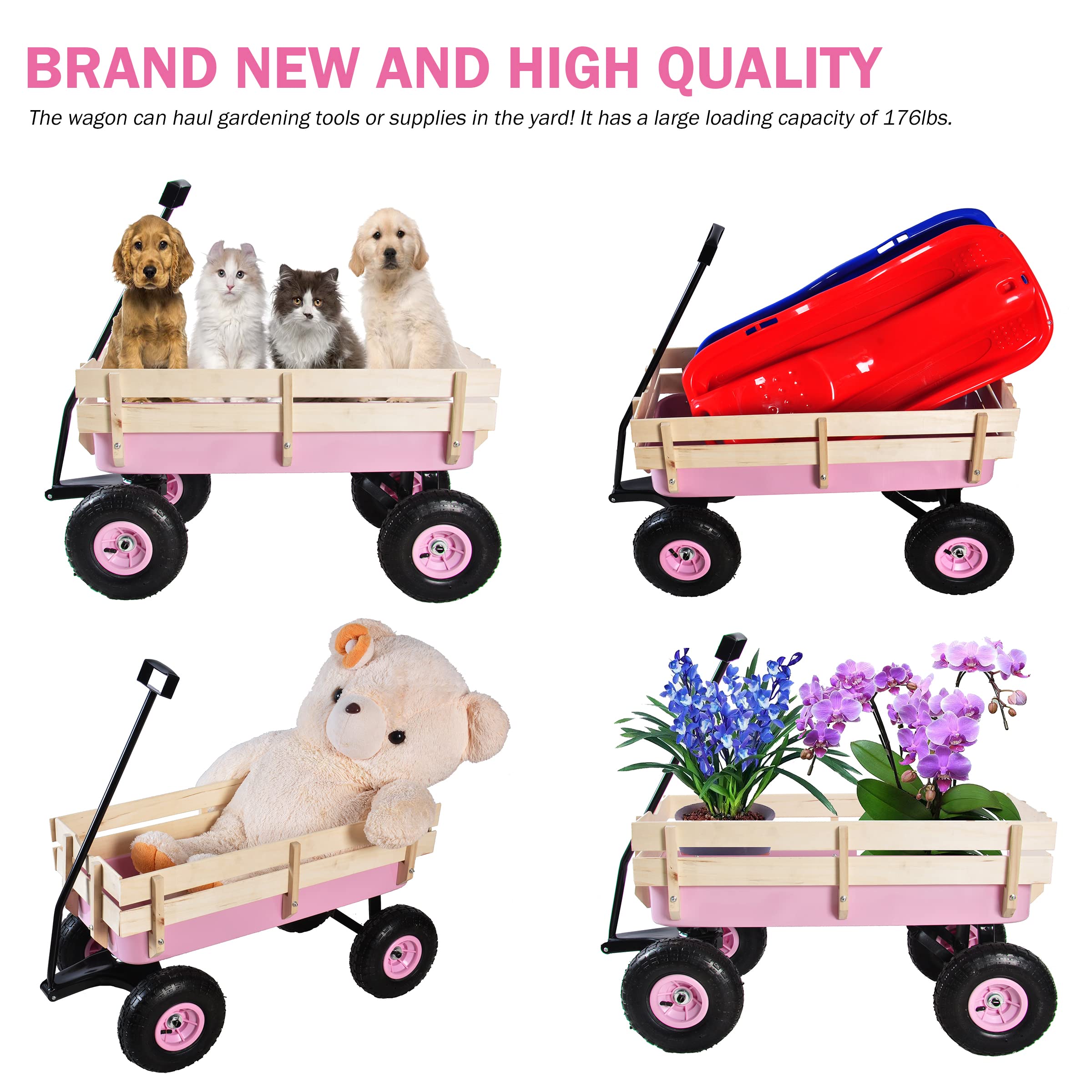 Sanch Ancha Heavy Duty Steel Wooden Side Support Cargo Wagon with 10” All-Terrain Air Tires, Up to 176lb Haul Capacity, Effortless Foldable Handle Cart for Towing Kids Toys, Gardening Supplies (Pink)