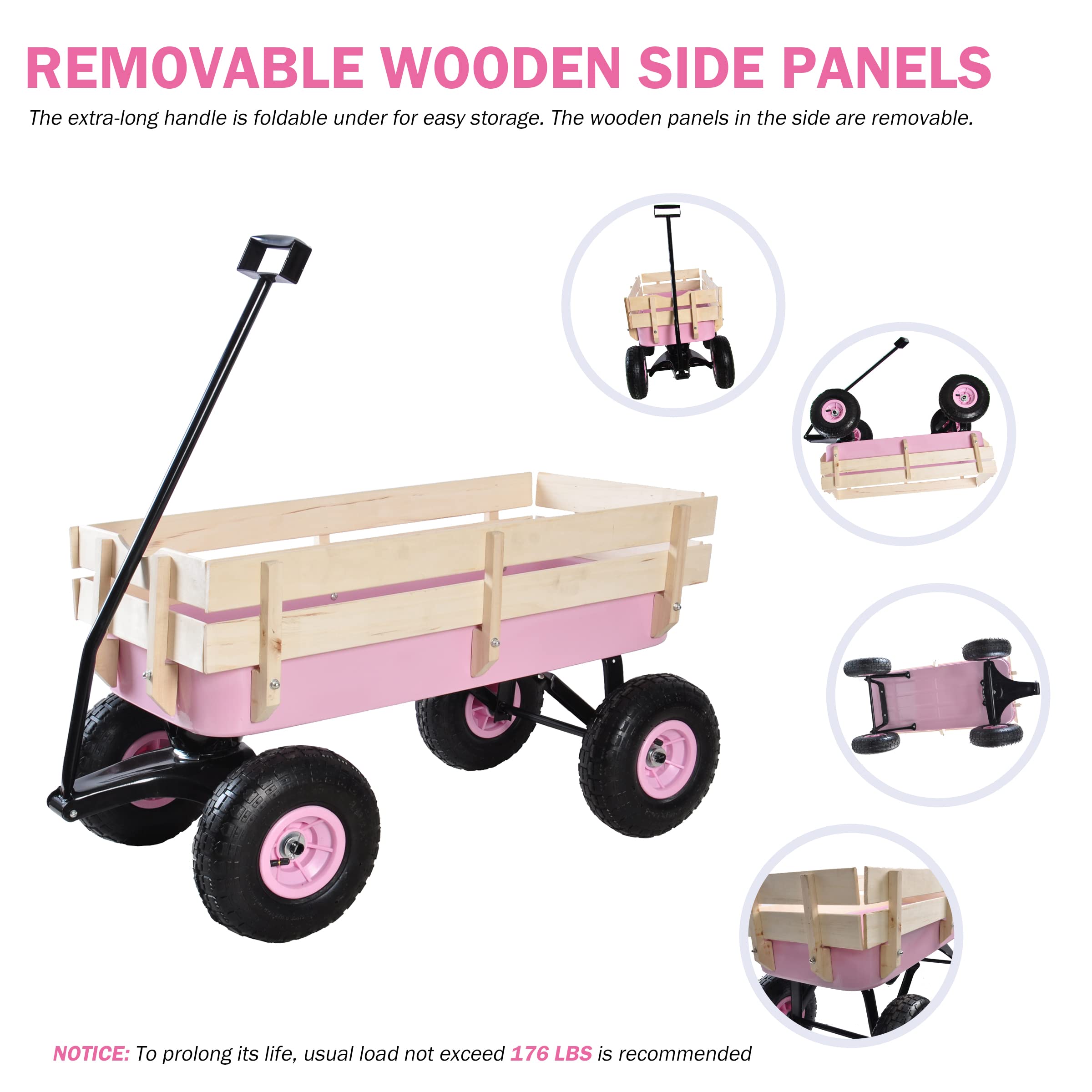 Sanch Ancha Heavy Duty Steel Wooden Side Support Cargo Wagon with 10” All-Terrain Air Tires, Up to 176lb Haul Capacity, Effortless Foldable Handle Cart for Towing Kids Toys, Gardening Supplies (Pink)