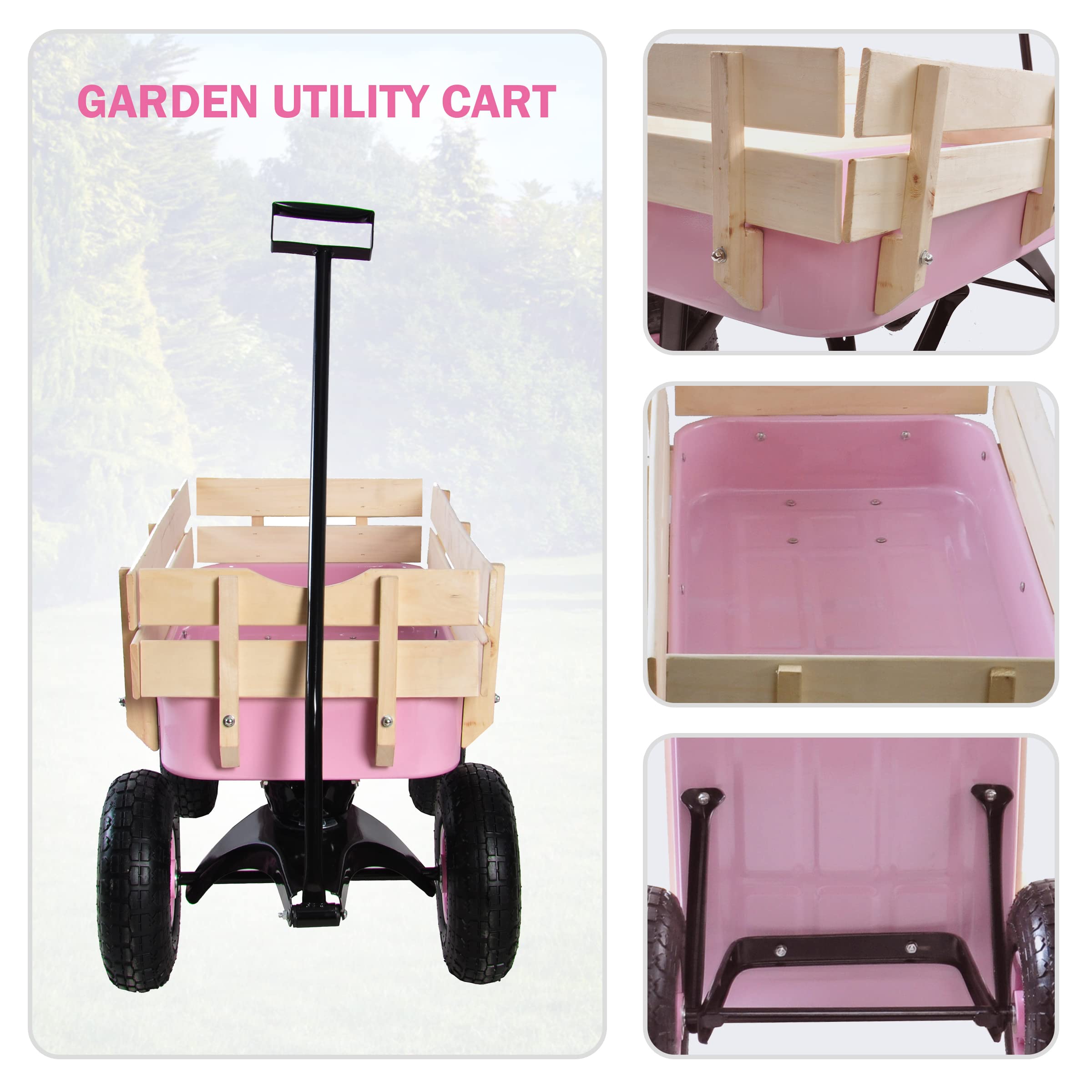 Sanch Ancha Heavy Duty Steel Wooden Side Support Cargo Wagon with 10” All-Terrain Air Tires, Up to 176lb Haul Capacity, Effortless Foldable Handle Cart for Towing Kids Toys, Gardening Supplies (Pink)