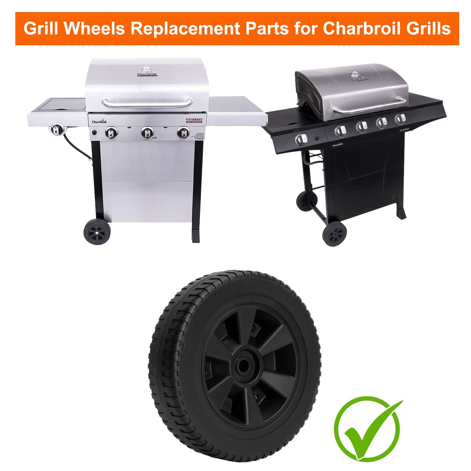 BBQ Future G437-0037-W1 7" Grill Wheels Replacement Parts for Charbroil Gas Grills 463377319 463370719 463448021 463365021, Kenmore and other Brands Grills, Black Plastic Wheel, 2 Pack