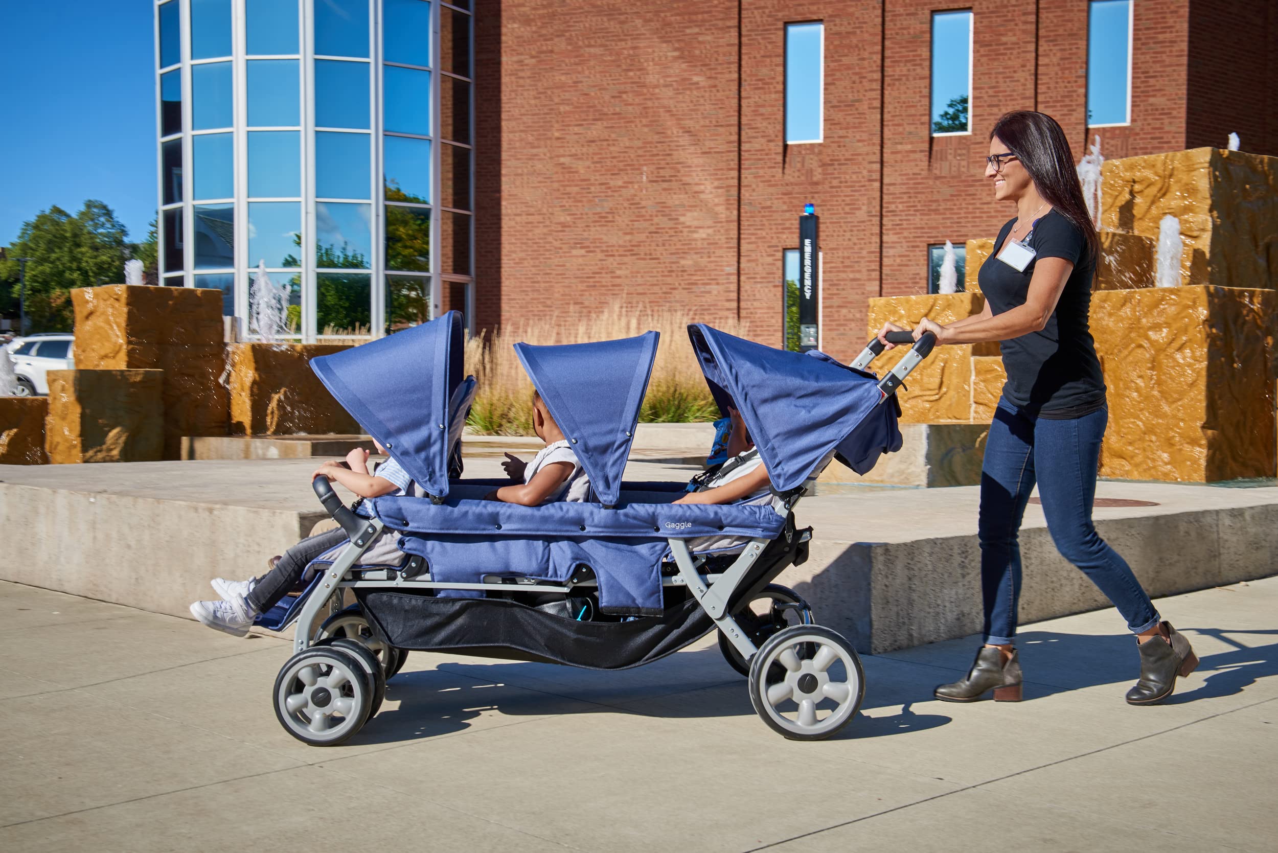 Gaggle by Foundations Jamboree 6-Seat Folding Multi-Child Stroller with Oversized UV Blocking Canopy, 5-Point Harness for Added Safety, Easy Loading, Storage Bucket (Blue)