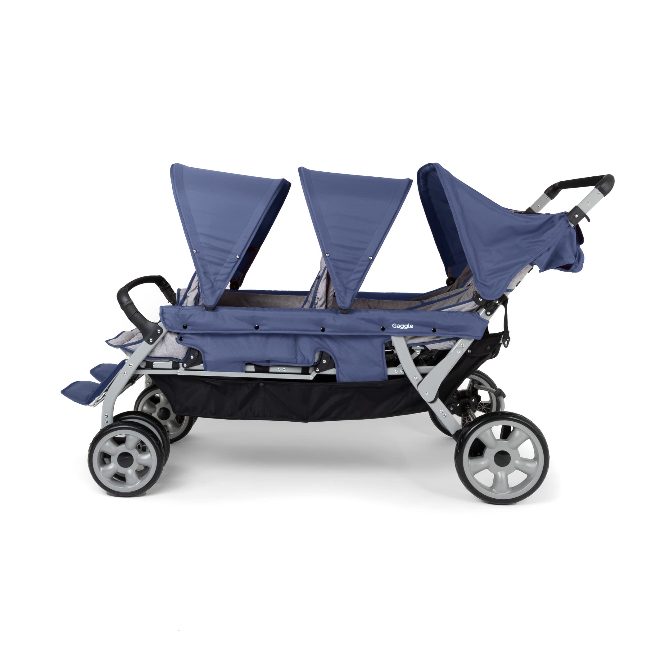 Gaggle by Foundations Jamboree 6-Seat Folding Multi-Child Stroller with Oversized UV Blocking Canopy, 5-Point Harness for Added Safety, Easy Loading, Storage Bucket (Blue)