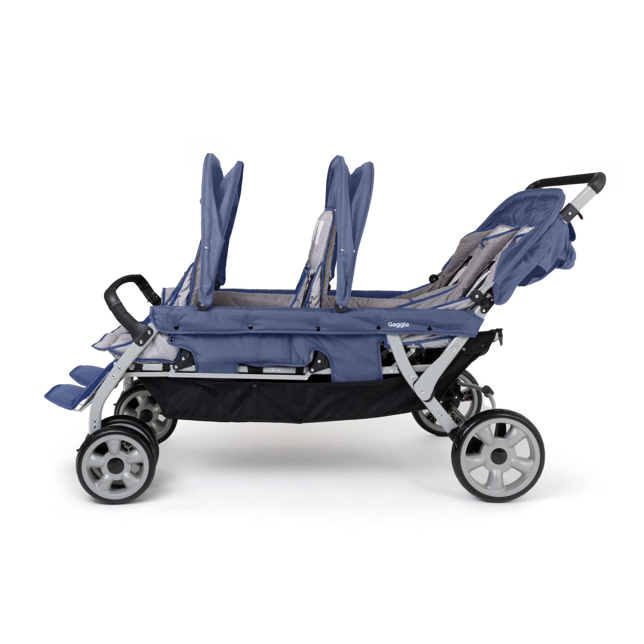 Gaggle by Foundations Jamboree 6-Seat Folding Multi-Child Stroller with Oversized UV Blocking Canopy, 5-Point Harness for Added Safety, Easy Loading, Storage Bucket (Blue)