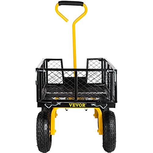 VEVOR Steel Garden Cart, Heavy Duty 900 lbs Capacity, with Removable Mesh Sides to Convert into Flatbed, Utility Metal Wagon with 180° Rotating Handle and 10 in Tires, Perfect for Garden, Farm, Yard