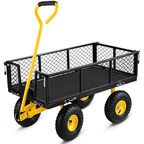 VEVOR Steel Garden Cart, Heavy Duty 900 lbs Capacity, with Removable Mesh Sides to Convert into Flatbed, Utility Metal Wagon with 180° Rotating Handle and 10 in Tires, Perfect for Garden, Farm, Yard