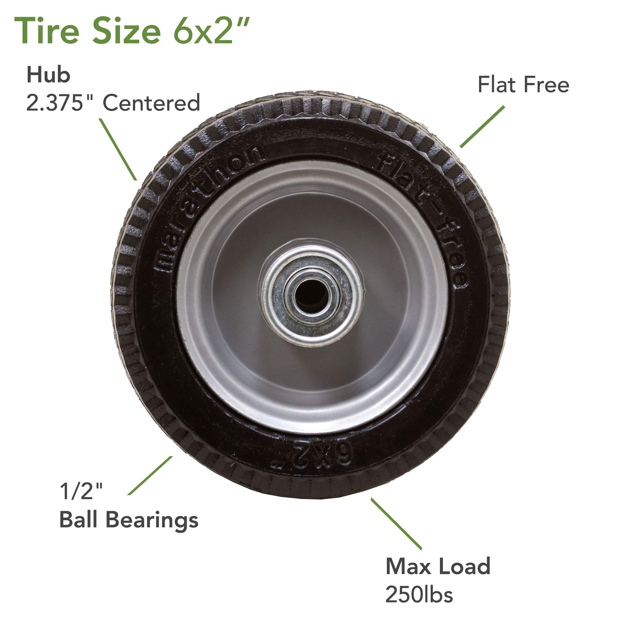 Marathon 6x2" Flat Free, Hand Truck / All Purpose Utility Tire on Wheel, 2.375" Centered Hub, 1/2" Bearings