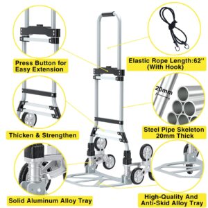 FUVLFAL Stair Climbing Cart, Adjustable Handle Length Trolley Dolly Cart for Stairs, Flat Ground, 260 Lb Load Capacity Folding Shopping Cart, Grocery Shopping Cart with Mute Wheels