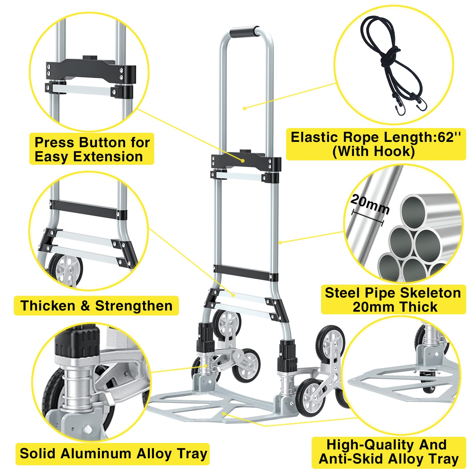 FUVLFAL Stair Climbing Cart, Adjustable Handle Length Trolley Dolly Cart for Stairs, Flat Ground, 260 Lb Load Capacity Folding Shopping Cart, Grocery Shopping Cart with Mute Wheels