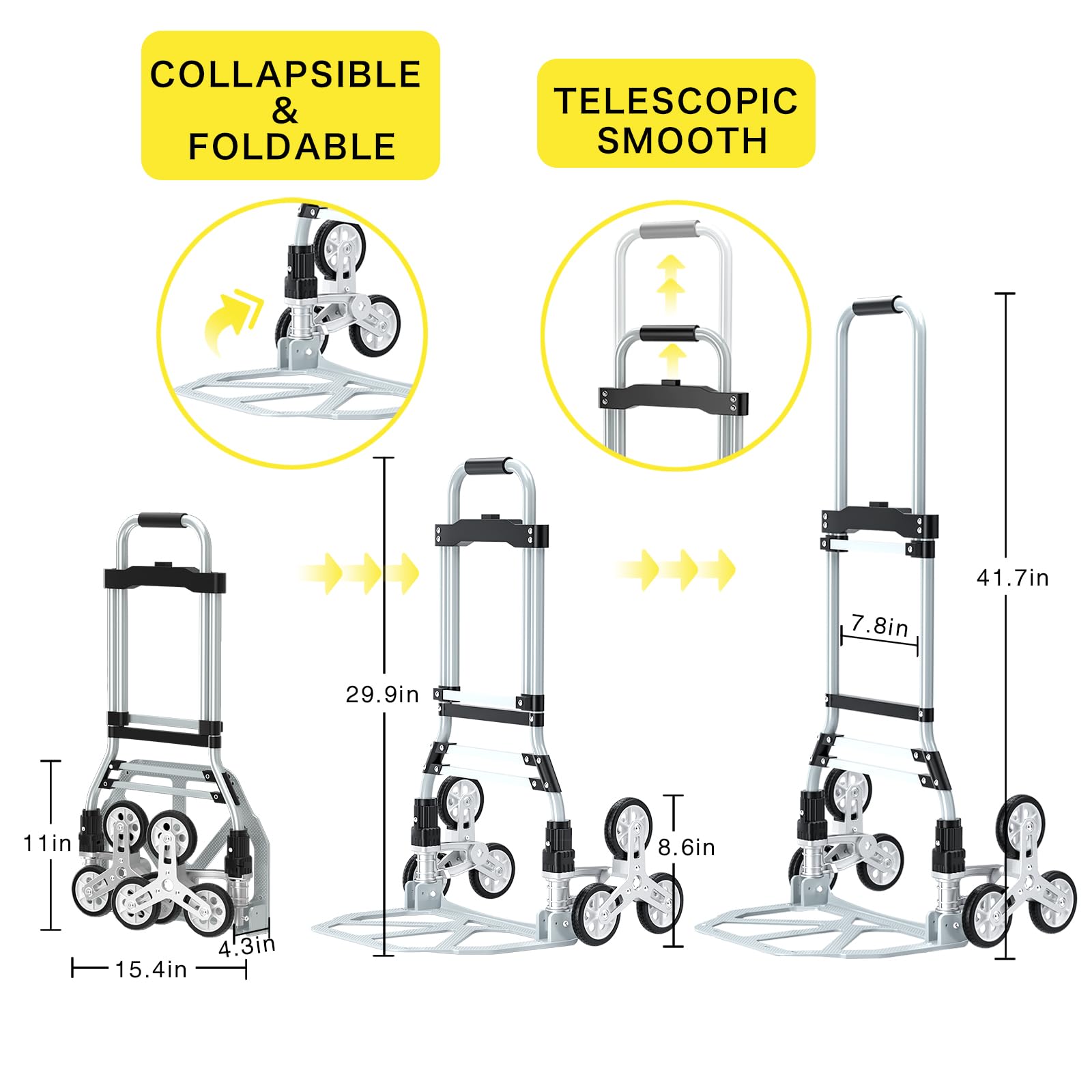 FUVLFAL Stair Climbing Cart, Adjustable Handle Length Trolley Dolly Cart for Stairs, Flat Ground, 260 Lb Load Capacity Folding Shopping Cart, Grocery Shopping Cart with Mute Wheels