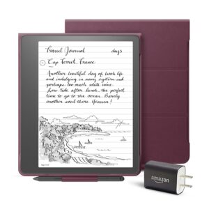 kindle scribe everything bundle including kindle scribe (32 gb), premium pen, leather folio cover with magnetic attach - burgundy, power adapter, and pen replacement tips