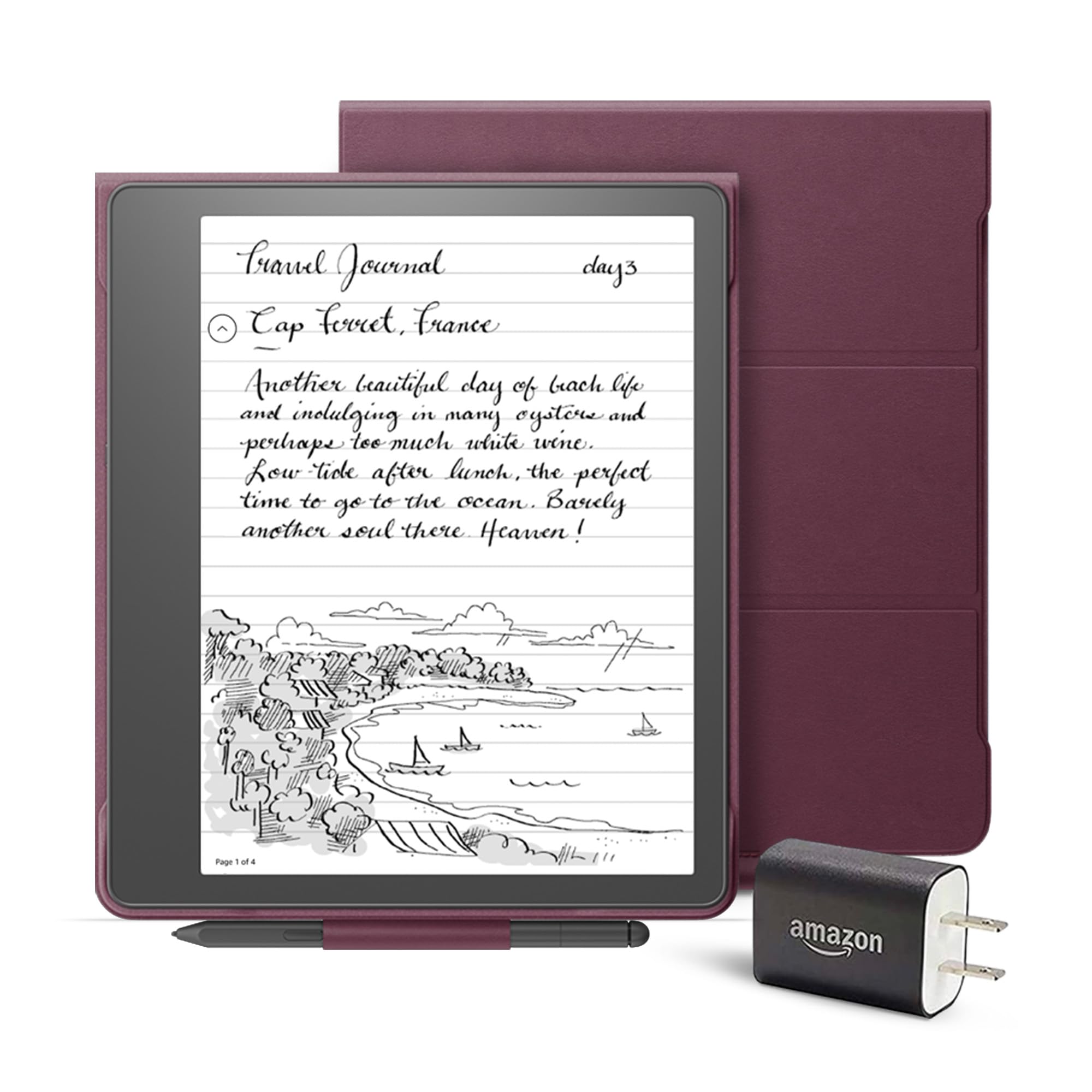 Kindle Scribe Everything Bundle including Kindle Scribe (32 GB), Premium Pen, Leather Folio Cover with Magnetic Attach - Burgundy, Power Adapter, and Pen Replacement Tips