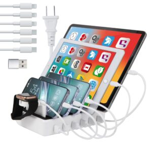 zwtnbfst usb charging station 6 ports with 6 charging cables 50w fast charging station desk organizer for multiple devices,compatible with cellphone,tablet, kindle, apple watch and other electronic