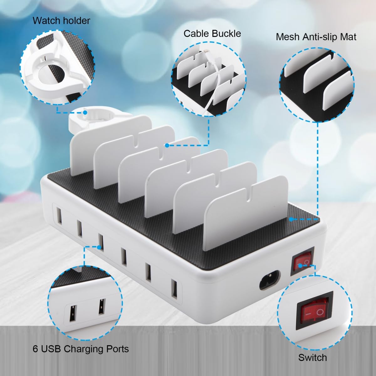 ZWTNBFST USB Charging Station 6 Ports with 6 Charging Cables 50W Fast Charging Station Desk Organizer for Multiple Devices,Compatible with Cellphone,Tablet, Kindle, Apple Watch and Other Electronic