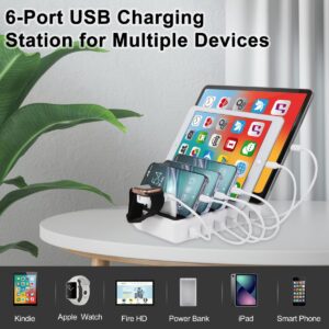 ZWTNBFST USB Charging Station 6 Ports with 6 Charging Cables 50W Fast Charging Station Desk Organizer for Multiple Devices,Compatible with Cellphone,Tablet, Kindle, Apple Watch and Other Electronic