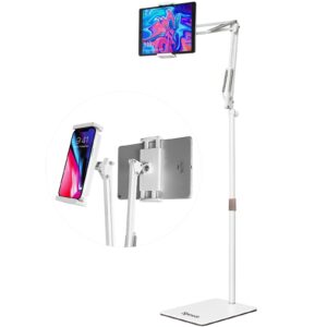 spessn tablet floor stand, overhead bed phone mount, height adjustable universal metal tablet holder, phone stand, compatible with ipad, samsung galaxy tab, phone, kindle, 4.5-12.9" (light white)…