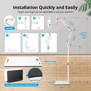 Spessn Tablet Floor Stand, Overhead Bed Phone Mount, Height Adjustable Universal Metal Tablet Holder, Phone Stand, Compatible with iPad, Samsung Galaxy Tab, Phone, Kindle, 4.5-12.9" (Light White)…