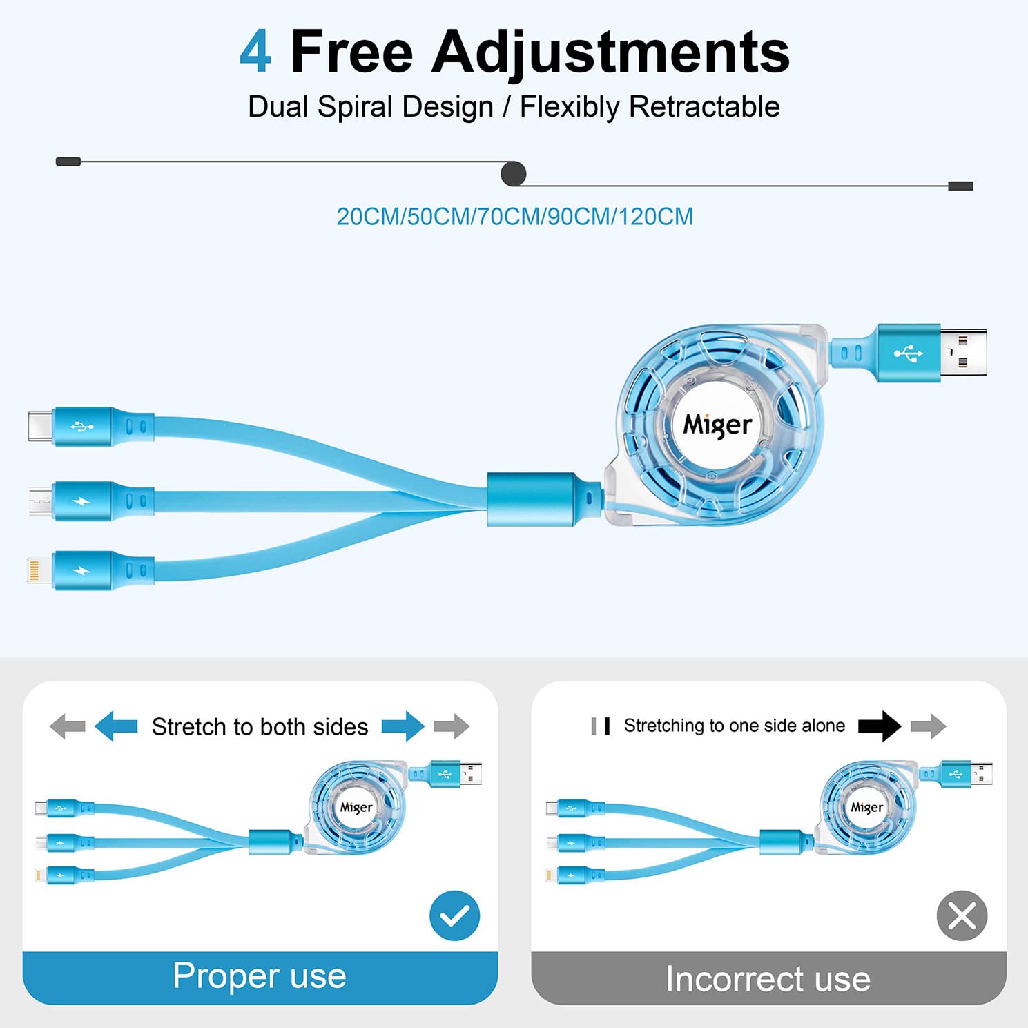 Multi Charging Cable,[2Pack 4FT] Retractable Fast Charging 3 in 1 USB Charger Cable Phone Charger Cord with Lightning/Type C/Micro USB Port for Cell Phones,iPhone,iPad,Samsung Galaxy,PS,Tablet,More