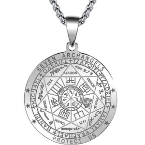 flyun seal of the 7 archangels pendant necklace for men,seven archangels protection necklace for men, mens spiritual talisman amulet jewelry (a5-steel)