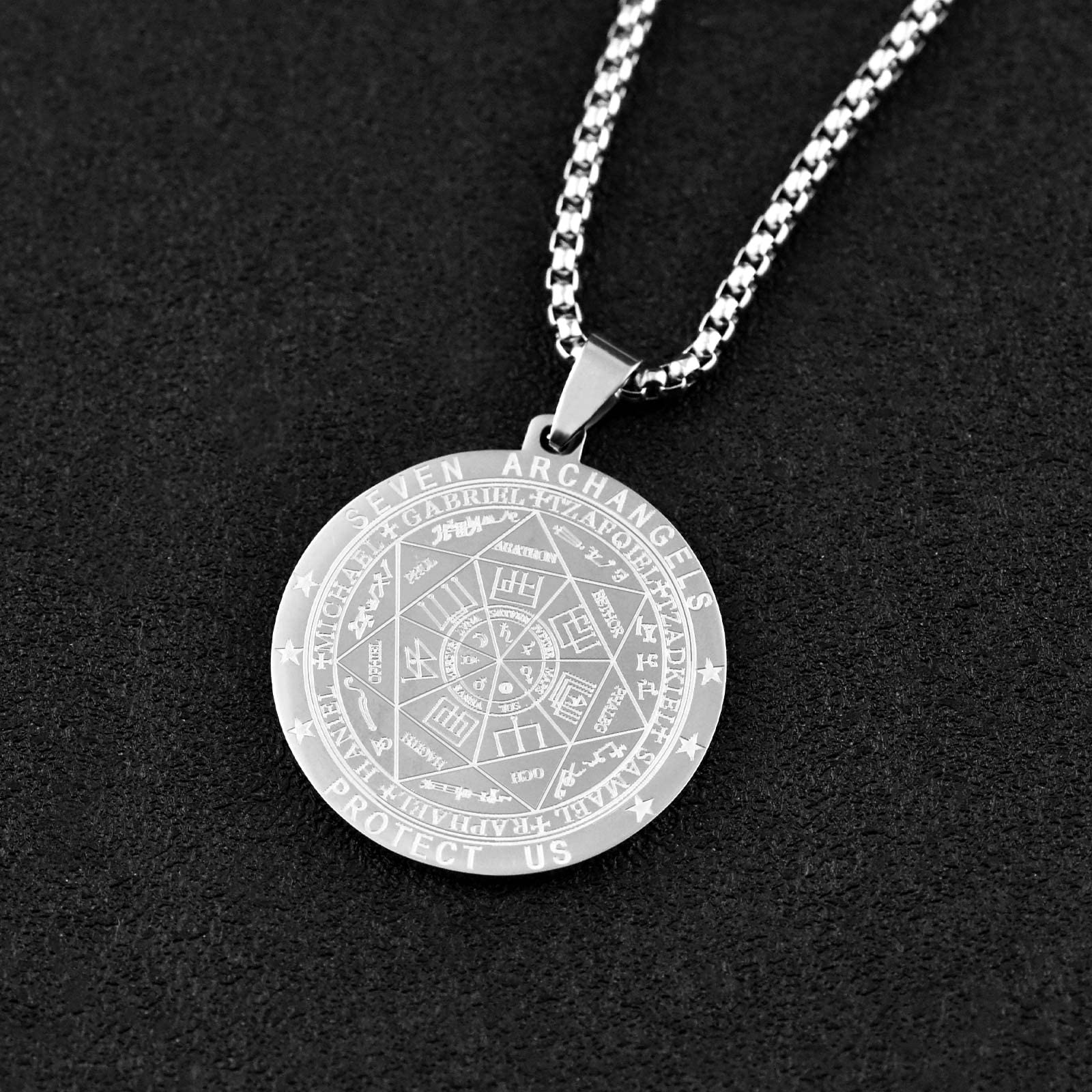 FLYUN Seal of The 7 Archangels Pendant Necklace for Men,Seven Archangels Protection Necklace for Men, Mens Spiritual Talisman Amulet Jewelry (A5-Steel)