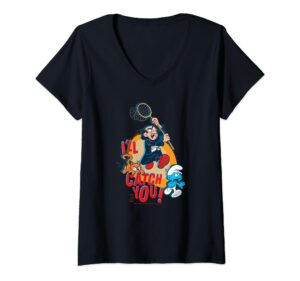 womens the smurfs gargamel azrael i’ll catch you! v-neck t-shirt