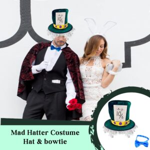 4E's Novelty Mad Hatter Costume Accessory Set for Adult Women Men, White Rabbit Alice Wonderland Costume Accessories Hat Tea Party Dress Up