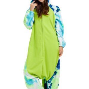 DELEY Unisex Tie Dye Green Axolotl Onesie Adult Halloween Pajamas Cosplay Animal Costume Plush Homewear Sleepwear Jumpsuit