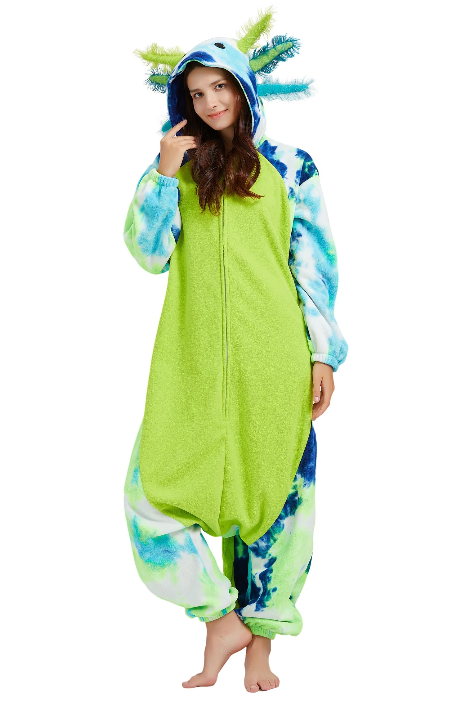 DELEY Unisex Tie Dye Green Axolotl Onesie Adult Halloween Pajamas Cosplay Animal Costume Plush Homewear Sleepwear Jumpsuit