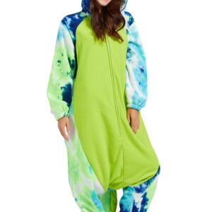 DELEY Unisex Tie Dye Green Axolotl Onesie Adult Halloween Pajamas Cosplay Animal Costume Plush Homewear Sleepwear Jumpsuit