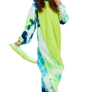 DELEY Unisex Tie Dye Green Axolotl Onesie Adult Halloween Pajamas Cosplay Animal Costume Plush Homewear Sleepwear Jumpsuit