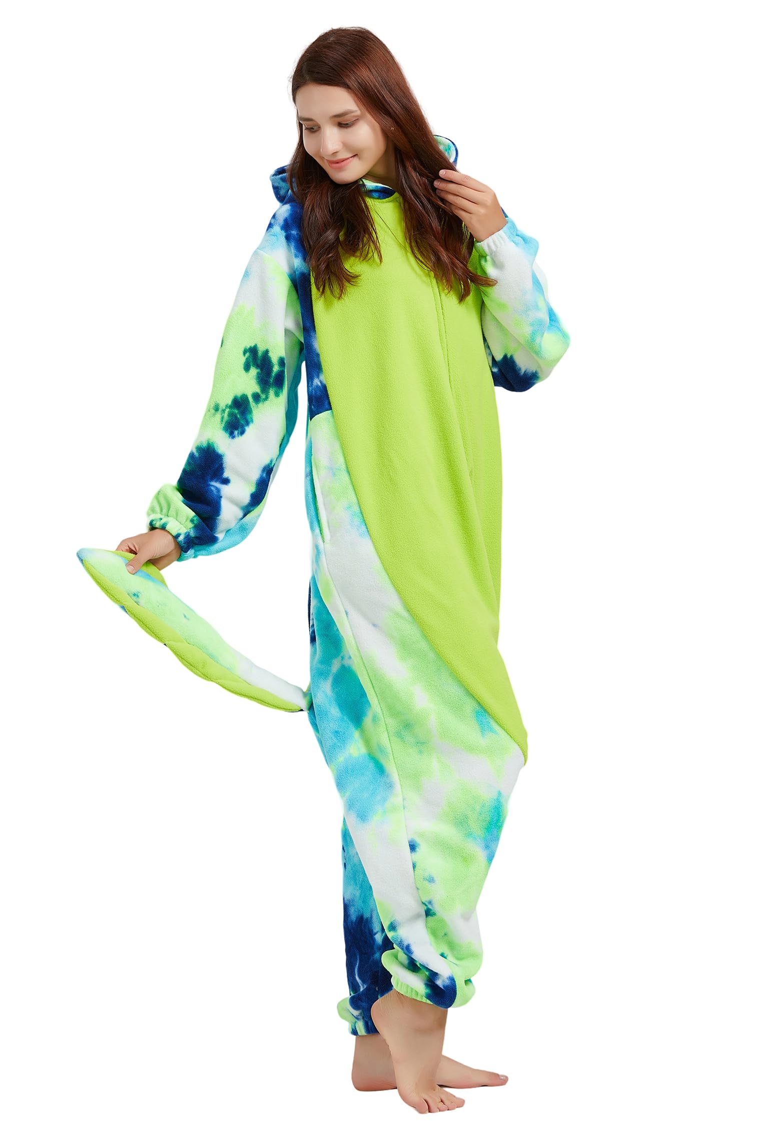 DELEY Unisex Tie Dye Green Axolotl Onesie Adult Halloween Pajamas Cosplay Animal Costume Plush Homewear Sleepwear Jumpsuit